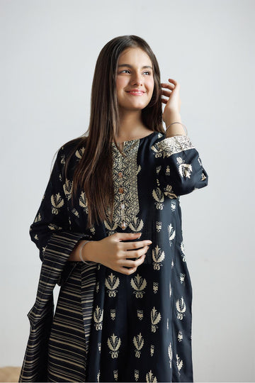 GAD-03160 | Black & Fawn | Casual 3 Piece Suit | Cotton Lawn Printed